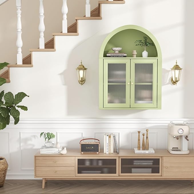 Bathroom Wall Cabinet, Arched Cabinet Wall Mount, 2 Acrylic Doors, 1 Adjustable and Removable Shelf, for Laundry Room, Living Room, Restroom, Kitchen, Green