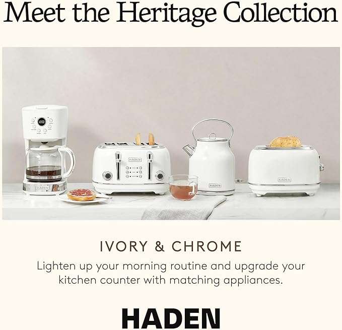 HADEN Heritage Toaster with Extra Wide Slots, 1500-Watt, Ivory & Chrome - Retro Stainless Steel Design with Self-Centering Function, Adjustable Browning Control & Removable Crumb Tray