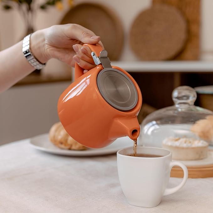 ORNA Ceramic Teapot with Tea Infuser – Small Tea Pot for Loose Leaf Tea – 550ml / 18.6 Oz Porcelain Non-Stove Teapot for 2 Cups with Tea Strainer (Orange)
