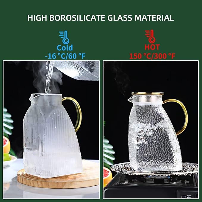 Glass Pitcher with Lid 1.8L, Borosilicate Glass Water Jug for Refrigerator Door, Hot & Cold Beverages, Leak-Proof Stainless Steel Lid with 2 Filter Holes for Iced Tea, Juice, Coffee, Milk
