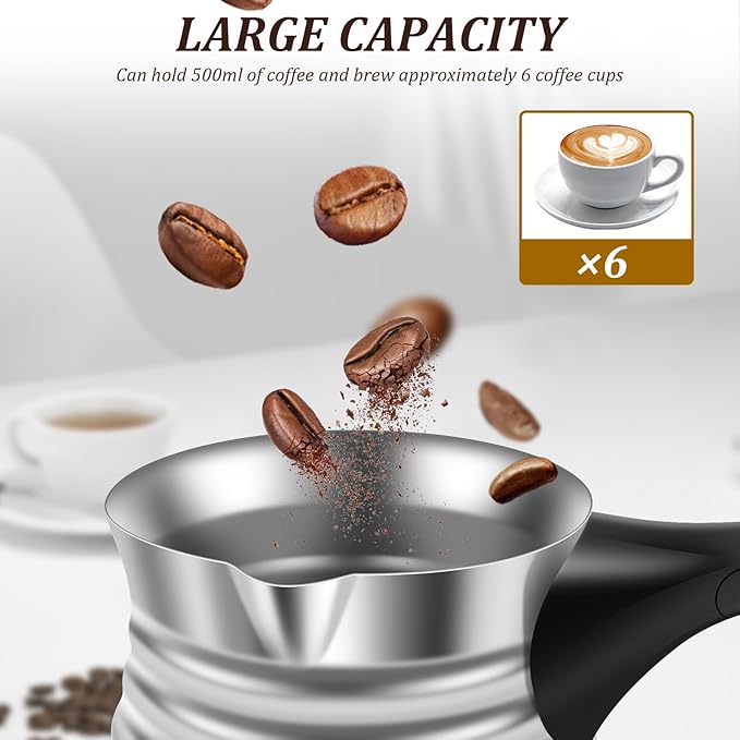 Turkish Coffee Maker, Stainless Steel 500ml Turkish Coffee Machine with Folding Handle, 5 to 6 Cups Capacity Turkish Coffee Pot, Electric Coffee Tea Warmer Kettle for Home Travel (Thread)