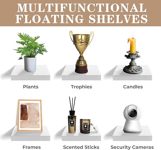 Sorbus Square Floating Shelf for Wall - 3 Small Shelves with Invisible Mounting Brackets for Living Room Decor, Bedroom, Bathroom Decor, Home & Kitchen - 9" White Wall Shelf to Display Photos Trophies