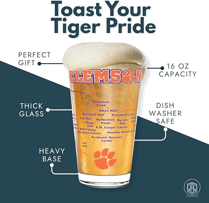 Greenline Goods – University of Clemson Tigers College Pint Beer Glasses (Set of 2), 16 oz – Full-Color Logo + Campus Map