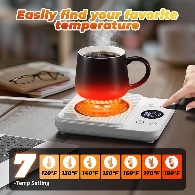 Cup Warmer for Coffee - Fastest Heating, Coffee Cup Warmer for Desk Auto Shut Off, 1-12h Timer for Scheduled Start, Electric Beverage Warmer for Coffee, Tea & Candles (White, NO Cup)