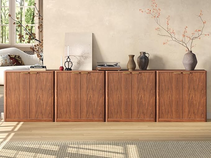 Evermagin 126" Walnut Buffet Cabinet with Storage, Large Sideboard Cabinet, Mid Century Modern Accent Credenza, Fluted Console Table with Doors for Dining Room, Kitchen, and Living Room