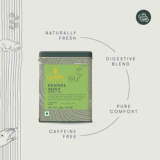 Luxmi Estates - Fennel Mint Tea - 100g (50 Cups) | USDA Certified Organic Herbal Tea | Caffeine-Free