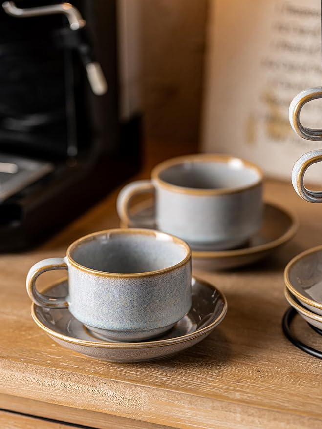 Gomakren 6 Ounce Cappuccino Cups with Saucers and Metal Stand, Stackable Coffee Cup Set of 4, Christmas Porcelain Espresso Cups for Coffee Drinks, Cappuccino, Latte, Americano, Tea, Gray