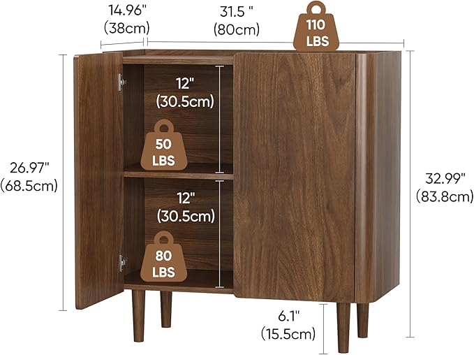 Buffet Cabinet with Storage, Storage Cabinet with Curved Edge, Accent Sideboard Buffet with Solid Wood Feet, for Hallway, Entryway, Living Room, Walnut
