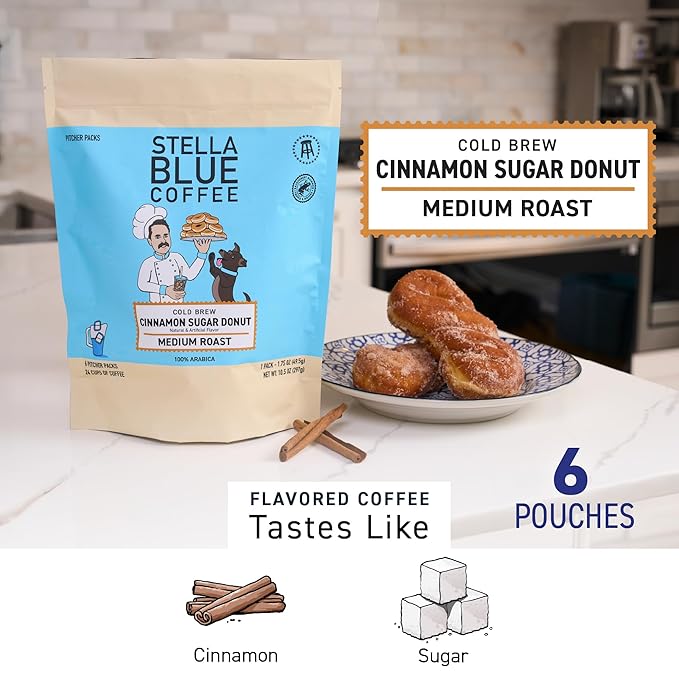 Stella Blue Cold Brew Coffee Bags, Cinnamon Sugar Donut, Medium Roast Ground Coffee, Smooth, Bold and Refreshing 100% Arabica, 6 Brew Packets, Makes 24 Cups, Rainforest Alliance Certified