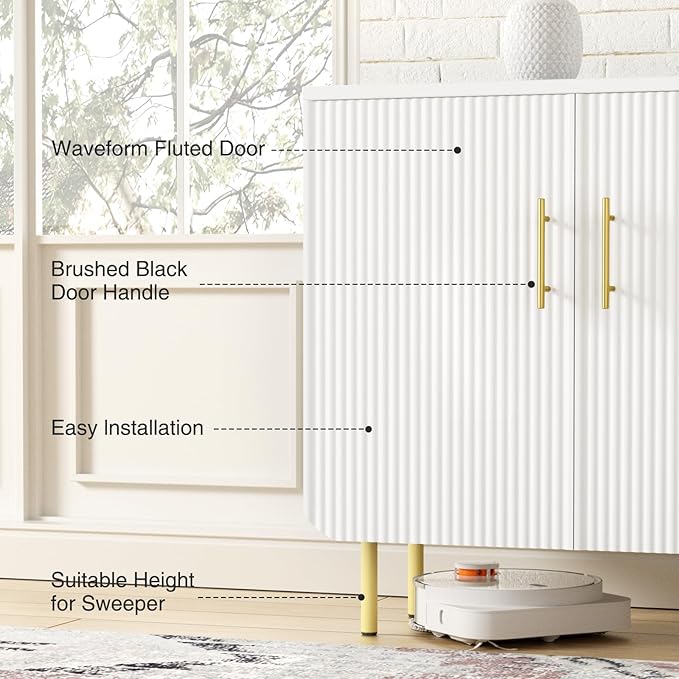 Vabches Fluted White Storage Cabinet, 2 Doors Modern Sideboard Buffet Cabinet with Adjustable Shelves and Metal Leg, Accent Cabinet for Living Room, Dining Room, Entryway (White & Gold)
