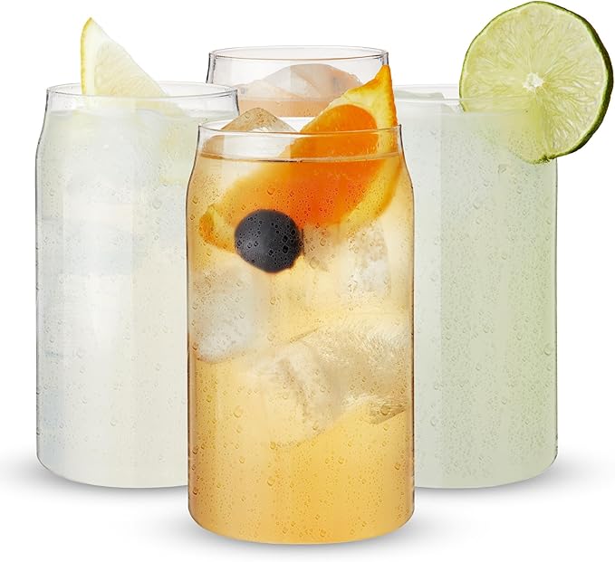 True Beer Can Glasses, Clear Tumblers, Superior Cocktail, Water, Juice, Iced Coffee, Soda, Beverage Drinking Glass, Kitchen Glassware Sets, Drinkware, Home Bar, 16 oz Set of 4