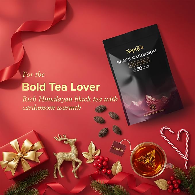 Nepaya Black Cardamom Black Tea – 50 Pyramid Tea Bags, Robust & Smoky, High Caffeine, Biodegradable, Himalayan Whole-Leaf, Coffee Replacement