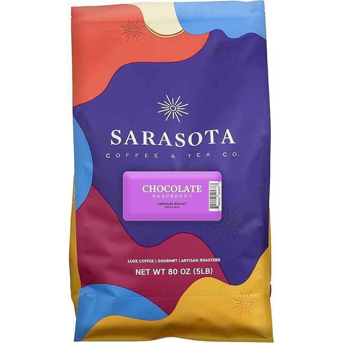Sarasota Coffee Whole Bean Chocolate Raspberry | Medium Roast Gourmet Flavored Coffee Beans | Low Acid, Mold Free, Specialty Grade Bulk Coffee Beans | 5lb (80 oz)