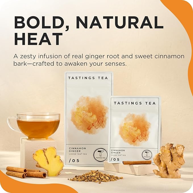 Tastings Tea Cinnamon Ginger Loose Leaf, 8 oz | Winter Warming Herbal Spice Blend for a Seasonal Brew | Natural Antioxidants for Wellness | Small Batch & Sustainably Sourced | Resealable Pouch
