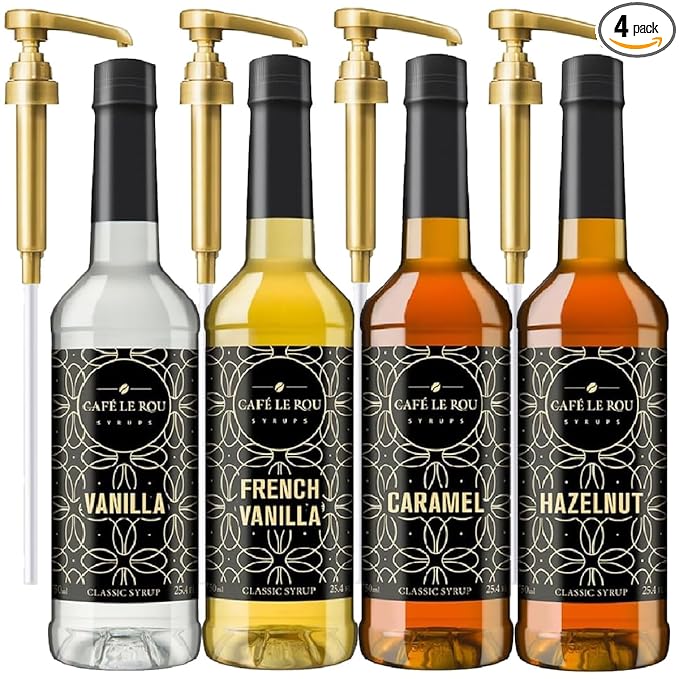 NEW Café Le Rou Variety 25.4oz Vanilla, French Vanilla, Caramel, Hazelnut (Variety, 4-pack) *Includes 4 Coffee Syrup Dispensers for Coffee, Tea and Espresso