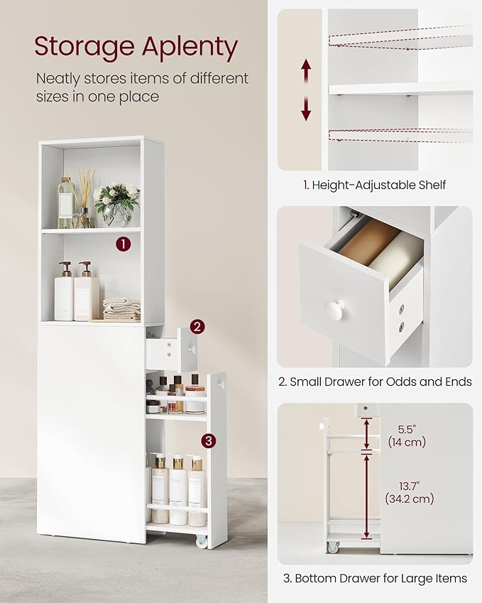 VASAGLE Slim Storage Cabinet, Narrow Freestanding Cabinet with Drawers and Adjustable Shelf, Modern Linen Tower for Living Room Bathroom Bedroom, White UBBK567T14