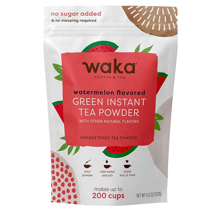 Waka Instant Green Tea Mix, Watermelon Flavored - 100% Tea Leaves, No Additives, Unsweetened Tea Powder in Bulk Pouch – Easy Quick Hot and Iced Teas, Up to 200 Cups (4.5oz)