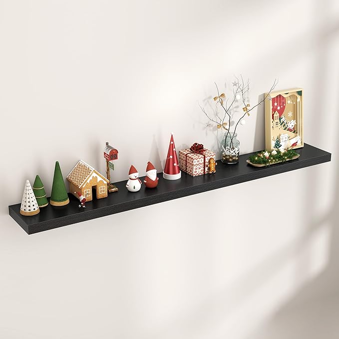 Floating Shelves for Wall, Engineered Wood Wall Shelves with Invisible Brackets for Living Room Bedroom Bathroom Office Kitchen Decor and Storage (Black, 72" W x 9" D x 1.5" H) Set of 1