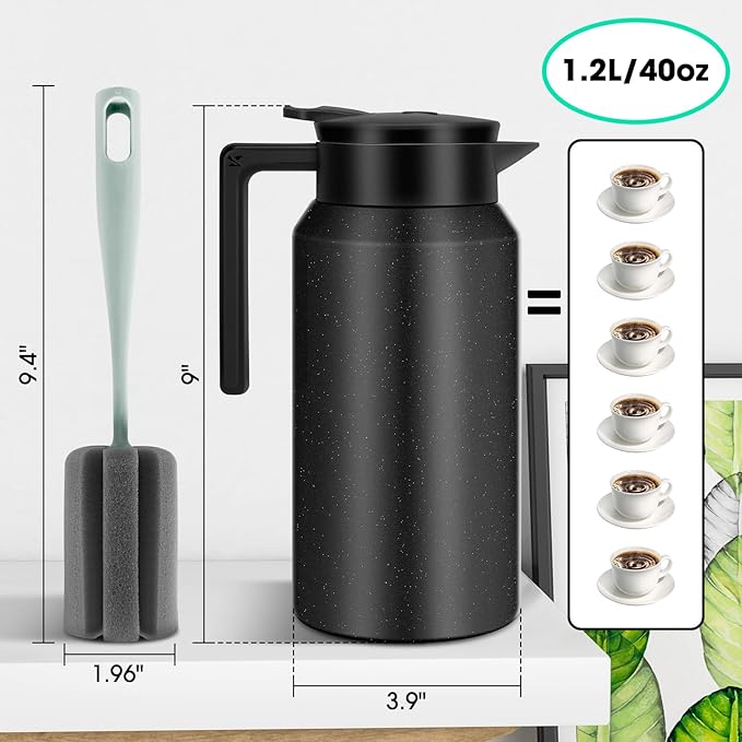 ShineMe Thermal Coffee Carafe, 40oz(1.2L) Stainless Steel Coffee Carafe for Keeping Hot Liquids, Travel Size Insulated Thermal Carafes for Coffee, Tea, Water, Beverage Dispenser(Black)