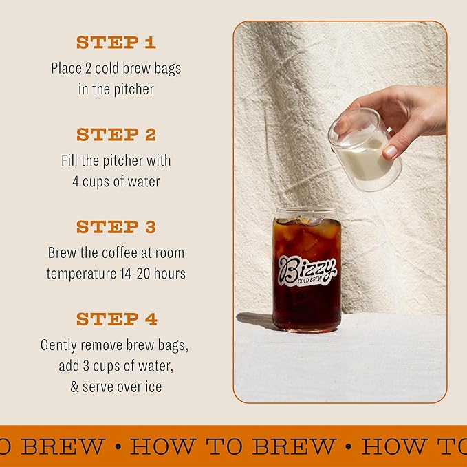 Bizzy Organic Cold Brew Coffee | Breakfast Blend | Coarse Ground Coffee | Medium-Light Roast | Micro Sifted | Specialty Grade | 100% Arabica | Brew Bags | 4 Count | Makes 14 Cups