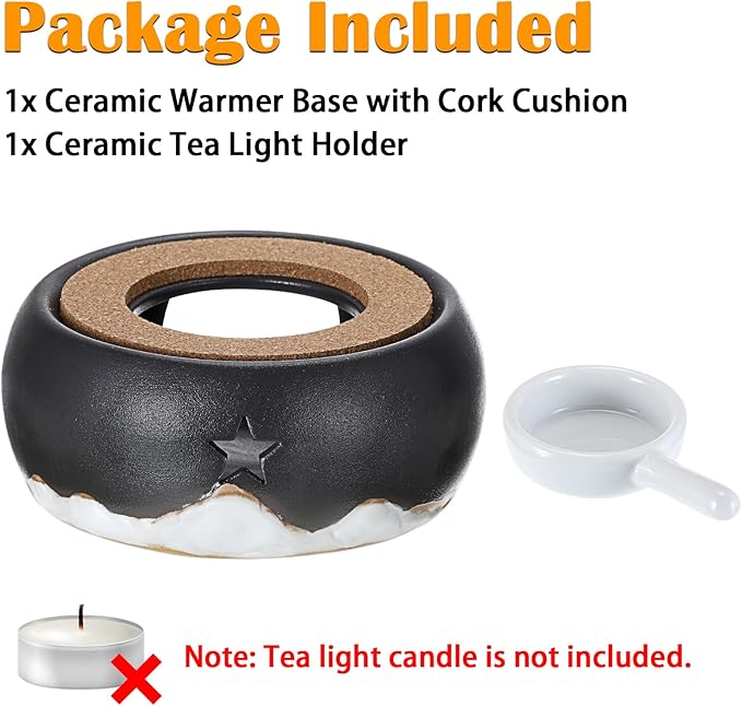 BSTKEY Teapot Warmer, Ceramic Tea Warmer with Tealight Holder and Cork Cushion, Teapot Heater for Heating Coffee Milk Tea (Black, Star Style)