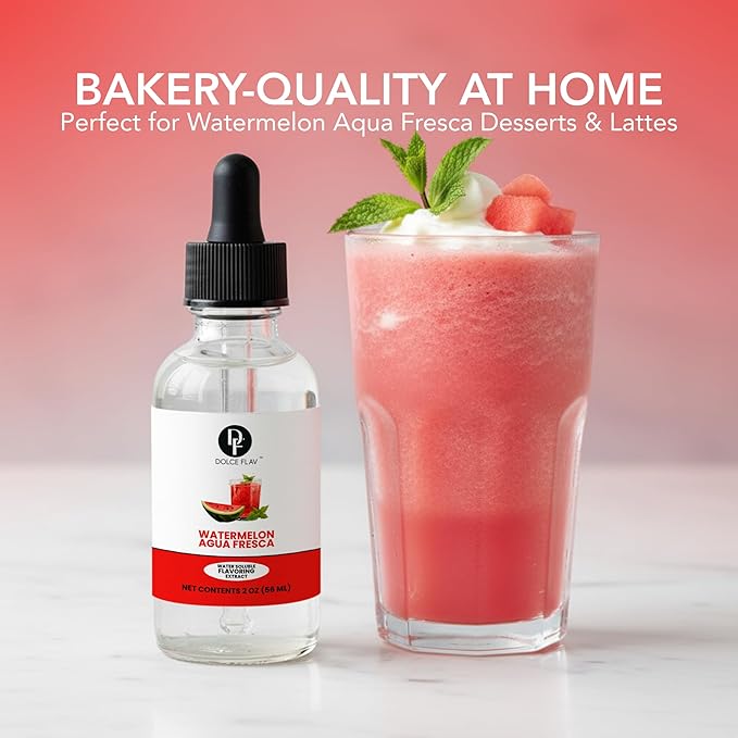 Dolce Flav Natural Watermelon Agua Fresca Extract, Water-Soluble – 2 oz | Fresh Juicy Watermelon Flavoring for Beverages, Desserts & Syrups – Sugar-Free, Kosher, Allergen-Free