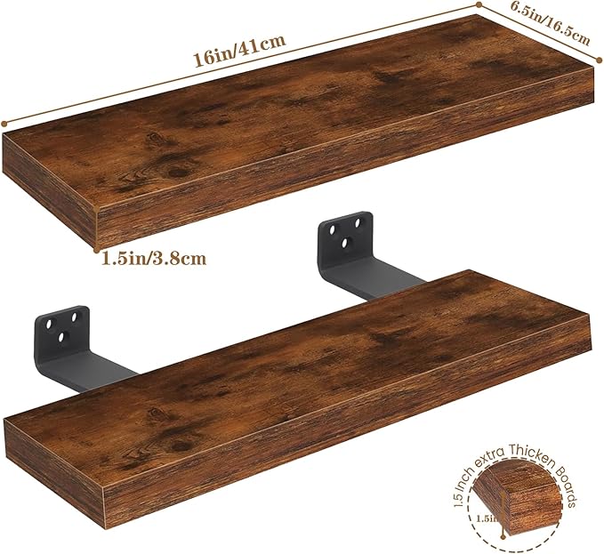 Set of 2 Rustic Shelves for Wall - 16 Inch Rustic Wood Floating Shelves with 1/5" Thicker Steel Brackets | Heavy Duty Farmhouse Wall Shelves | Solid Wood Core |Brown Wood Shelves for Décor