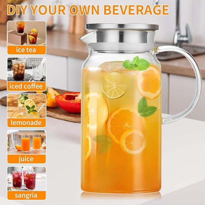 1 Gallon Glass Pitcher with Lid and Spout, Water Jug, 4000ML Carafe for Hot/Cold Water, Large Iced Tea Pitcher for Coffee, Juice and Homemade Beverage