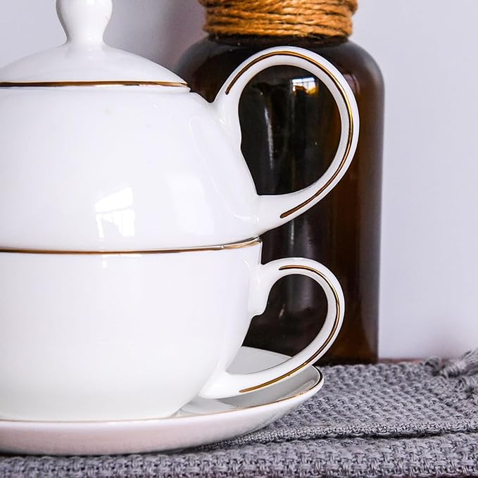 YBK Tech Ceramic Tea for One Set, 12oz Teapot and 8.2oz Cup with Saucer (White)