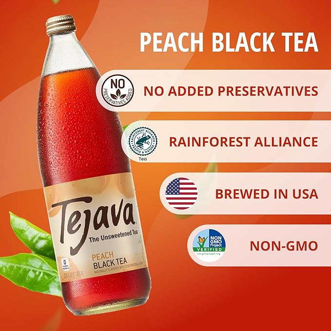 Tejava Original Unsweetened Peach Iced Tea, 12 Pack, 1 Liter Glass Bottles, Non-GMO, Kosher, No Sugar or Sweeteners, No calories, No Preservatives, Brewed in Small Batches