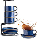 Gomakren 2.5 Ounce Espresso Cups Set of 4, Small Stackable Coffee Cups with Saucers and Metal Stand, Christmas Porcelain Demitasse Cups for Specialty Coffee Drinks, Espresso, Cappuccino, Cobalt Blue