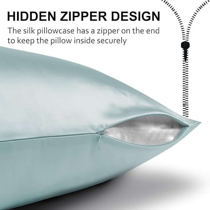 Ravmix Silk Pillow Cases 2 Pack with Zipper, 21momme Mulberry Silk Pillowcase for Hair Skin, Soft Smooth Breathable Cool Pillow Cover for Beauty Sleep with Gift Box(Standard 20"x26", Aqua Green)