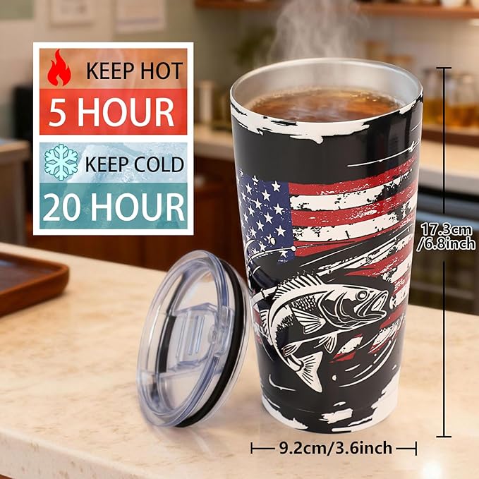 20oz Fishing Tumbler - Stainless Steel Vacuum Insulated | Fishing & American Flag Design, Leak-Proof Travel Mug for Hot/Cold Drinks, Patriotic Gift for Anglers, Fisherman & Outdoor Fans