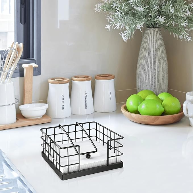 Homode Farmhouse Napkin Holder, Wooden Napkin Holders for Paper Napkins, Square Kitchen Napkin Dispenser for Tables, Flat Napkin Basket with Weighted Arm, Rustic Gray