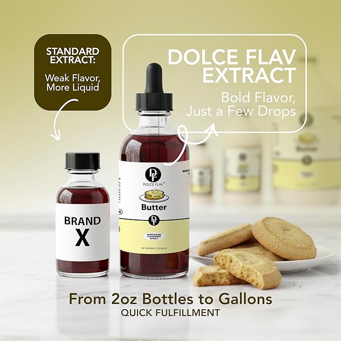 Dolce Flav Butter Extract – 2 Ounce Water-Soluble Kosher, Sugar-Free, Concentrated Imitation Butter Flavor for Baking, Cookies & Frostings, Includes Measured Dropper