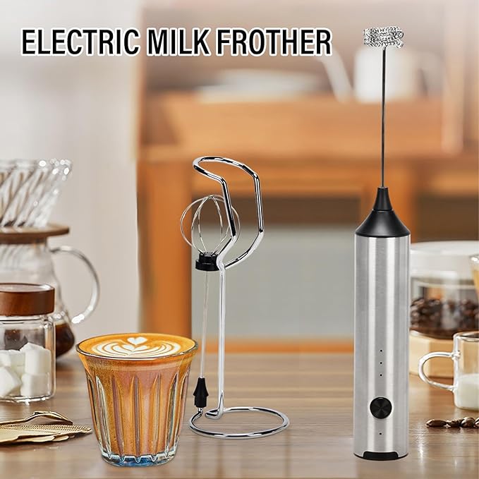 Madrigal Rechargeable Milk Frother with Stand, Dual 304 Stainless Steel Whisks, USB-C Mini Mixer for Drinks, Cappuccino & Hot Chocolate, 3-Speed Handheld Drink Mixer for Lattes