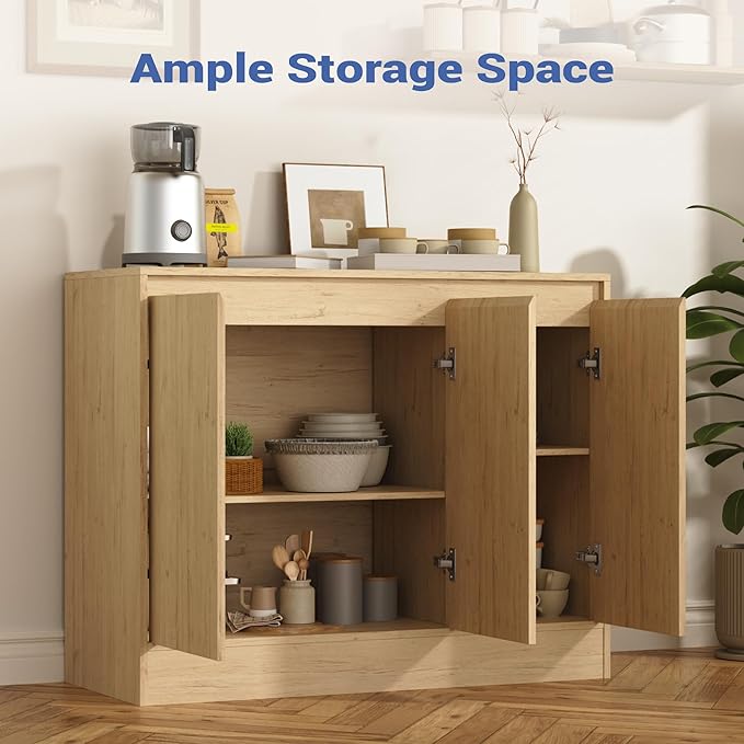 Buffet Cabinet with Storage, Coffee Bar Cabinet with 3 Doors and Adjustable Shelf, Modern Kitchen Buffet Sideboard for Living Room, Kitchen, Natural