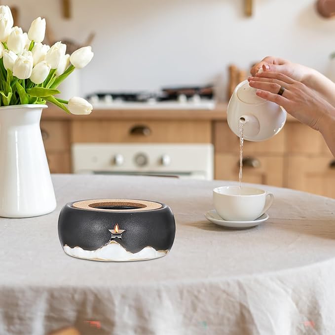 BSTKEY Teapot Warmer, Ceramic Tea Warmer with Tealight Holder and Cork Cushion, Teapot Heater for Heating Coffee Milk Tea (Black, Star Style)
