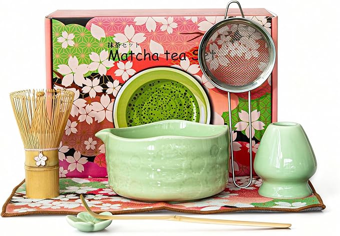 Matcha Whisk Set––7pcs Japanese Matcha Set Kit with Matcha Bowl, Bamboo Whisk, Whisk Holder, Scoop, Towel&Sifter–Perfect for Matcha Lovers&Tea Ceremonies-Daisy Green