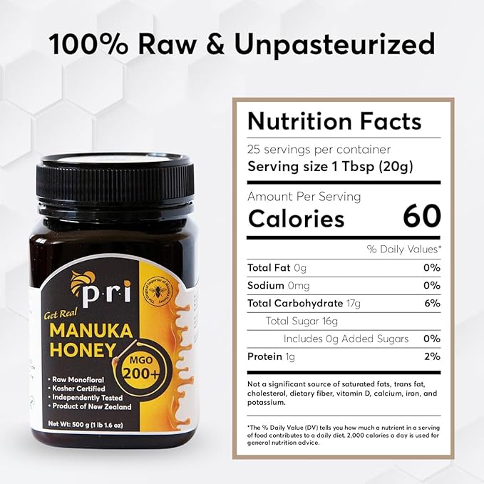 P.R.I Manuka Honey, Certified MGO 200+, Raw New Zealand Manuka Honey, 500g Jar