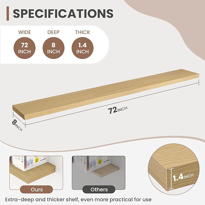 72 Inch Floating Shelves, 8 Inch Deep Floating Shelves for Wall, Hanging Shelf with Invisible Brackets, Deep Shelves for Bathroom, Bedroom, Living Room, Oak, Set of 1