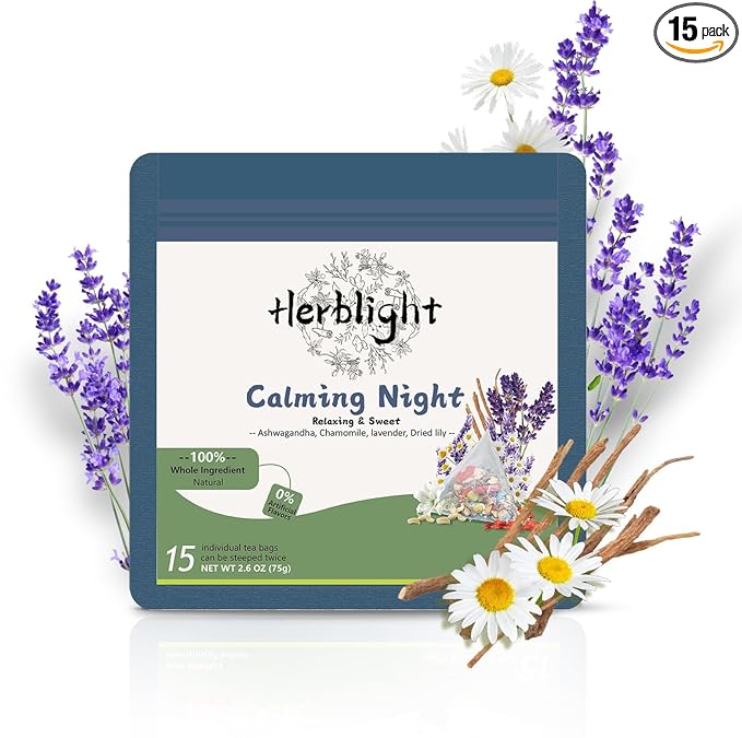 HerbLight Nighty Night Extra Tea – Extra Strength Sleep Tea with Ashwagandha, Valerian Root & Lavender, Caffeine-Free Herbal Bedtime Blend, 15 Bags of Visible Whole Herbs (2.6oz)