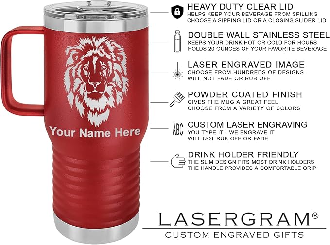 LaserGram 20oz Vacuum Insulated Travel Mug with Handle, Tiki Statue, Personalized Engraving Included (Maroon)