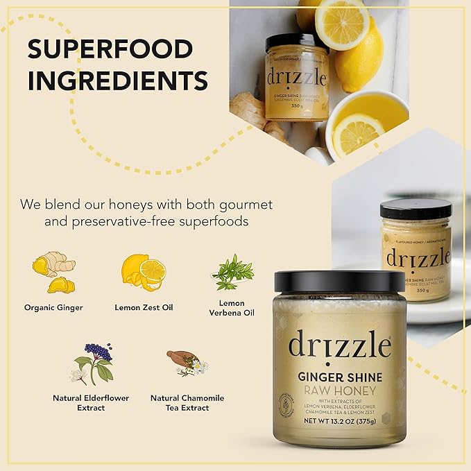Drizzle Ginger Shine Raw Honey - All Natural Pure Raw Honey with Organic Ginger, Unfiltered & Unheated, Use in Tea & Coffee, Sugar Substitute, Certified Kosher - 13.2 oz Jar (375 g)