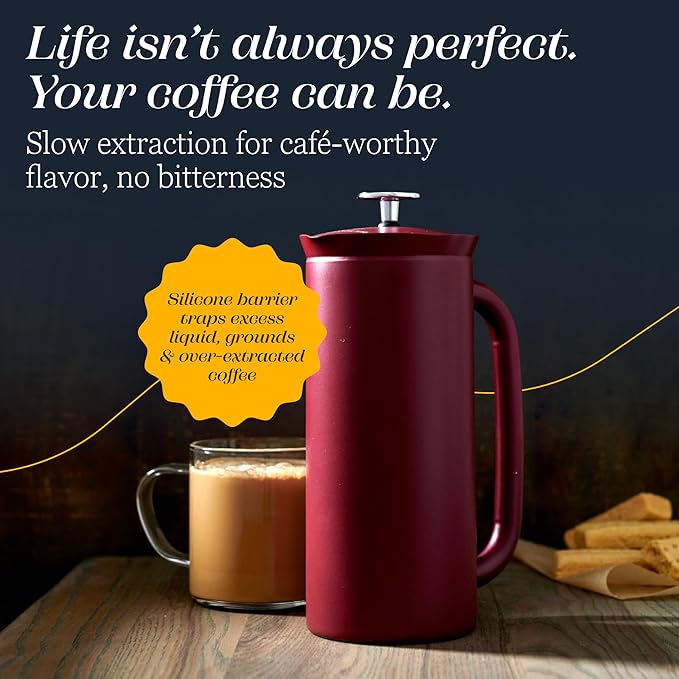 ESPRO P7 French Press Stainless Steel 304 – Patented Double Walled Micro-Filter Insulated French Press Coffee Maker, Grit-Free Brew - Heat Resistant BPA Free - Cranberry (18oz)
