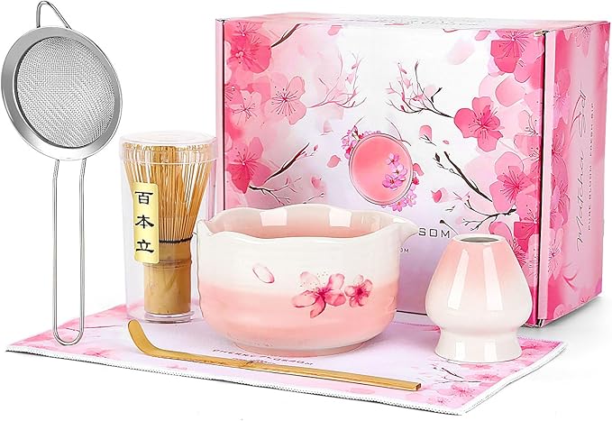 7PCS Matcha Whisk Set, Sakura Cherry Bloosm Matcha Kit Christmas Gifts for Women Birthdays Mom Girls Kids and Matcha Tea Lover, with Bamboo Whisk, Holder, Bowl, Scoop, Sifter, Towel, and Elegant box