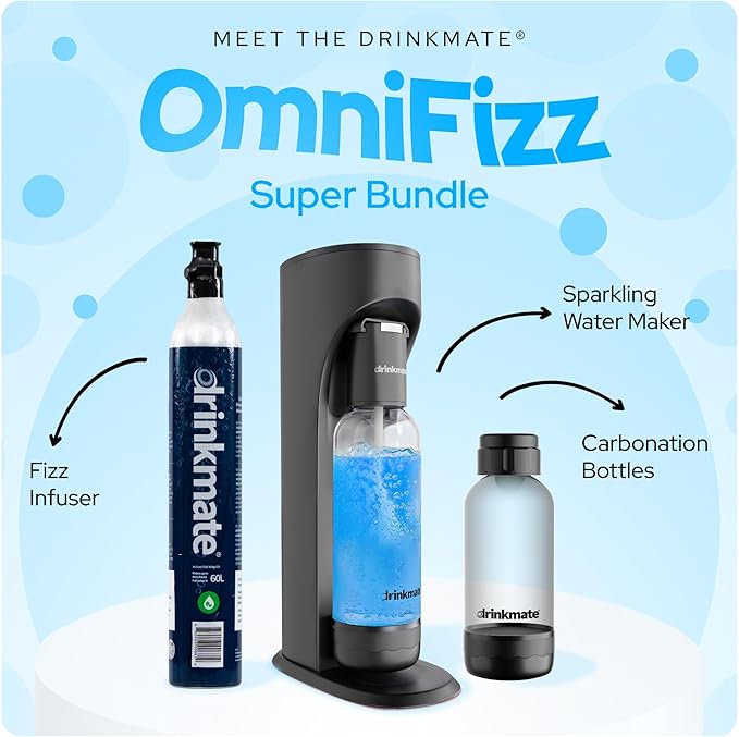 Drinkmate OmniFizz Sparkling Water and Soda Maker, Carbonates Any Drink, Special Bundle - Includes 60L CO2 Cylinder, Two Carbonation Bottles, and Fizz Infuser (Matte Black)