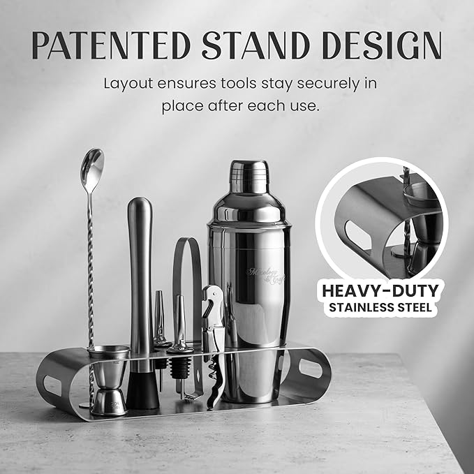 Mixology & Craft Cocktail Shaker Set - 24oz Bartender Kit with Bar Accessories, Stainless Steel Stand, Tools & Recipe Cards - Leak-Proof & Gift-Ready