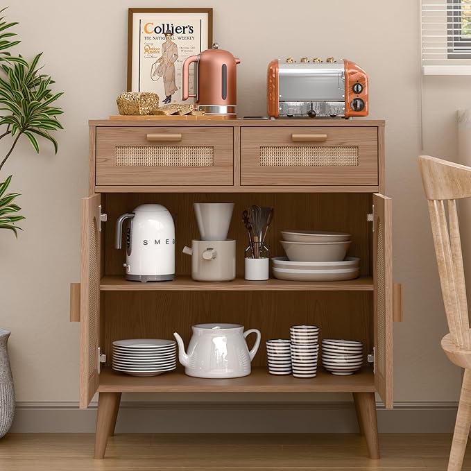 Vabches Kitchen Storage Cabinet with Barn Door, Rattan Sideboard Buffet with Storage Drawers, Rattan Kitchen Cabinet with Drawers for Dining Room, Living Room, EntryWay