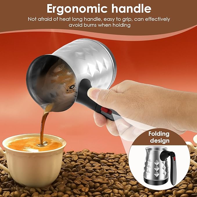Turkish Coffee Maker, Stainless Steel 500ml Turkish Coffee Machine with Folding Handle, 5 to 6 Cups Capacity Turkish Coffee Pot, Electric Coffee Tea Warmer Kettle for Home Travel (Diamond)